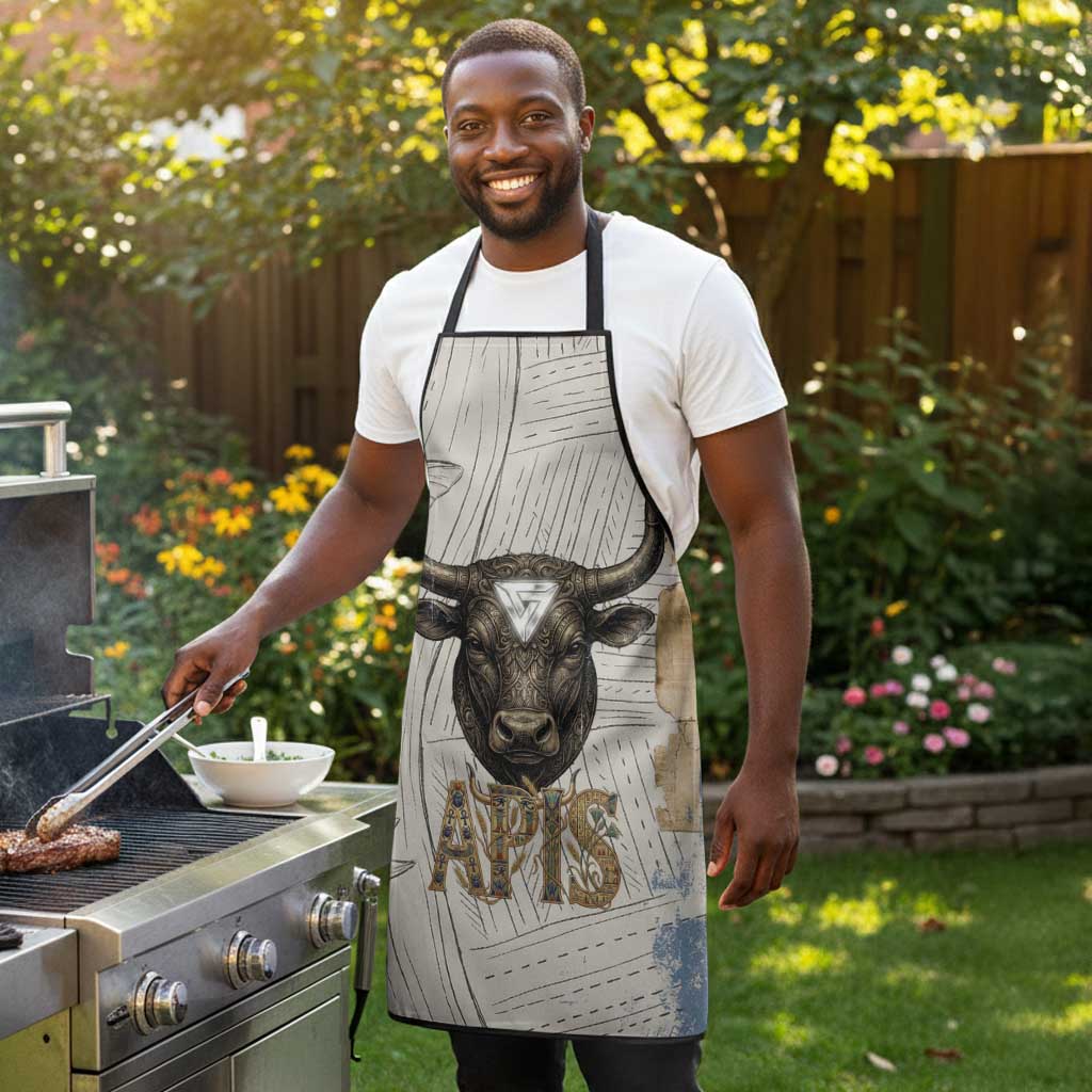 Apis Ancient Egyptian Apron with Beige-Gray Hieroglyphic, Ornate Bull Head, and Gold-Blue Typography - African Pride