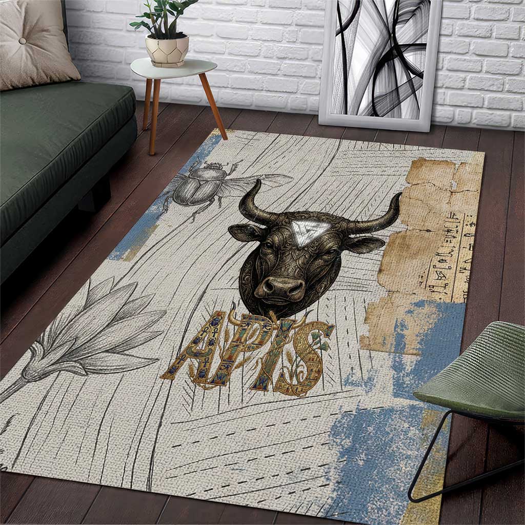 Apis Ancient Egyptian Area Rug with Beige-Gray Hieroglyphic, Ornate Bull Head, and Gold-Blue Typography - African Pride