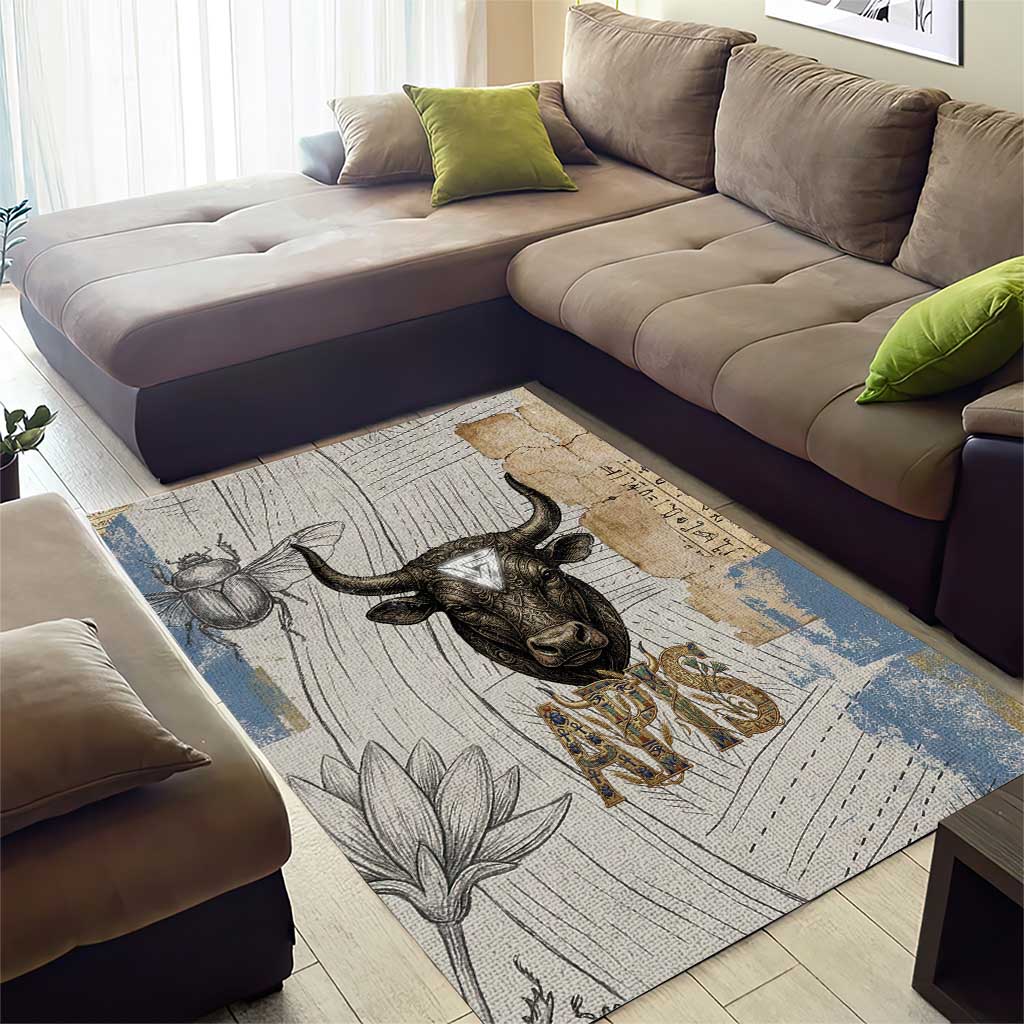 Apis Ancient Egyptian Area Rug with Beige-Gray Hieroglyphic, Ornate Bull Head, and Gold-Blue Typography - African Pride