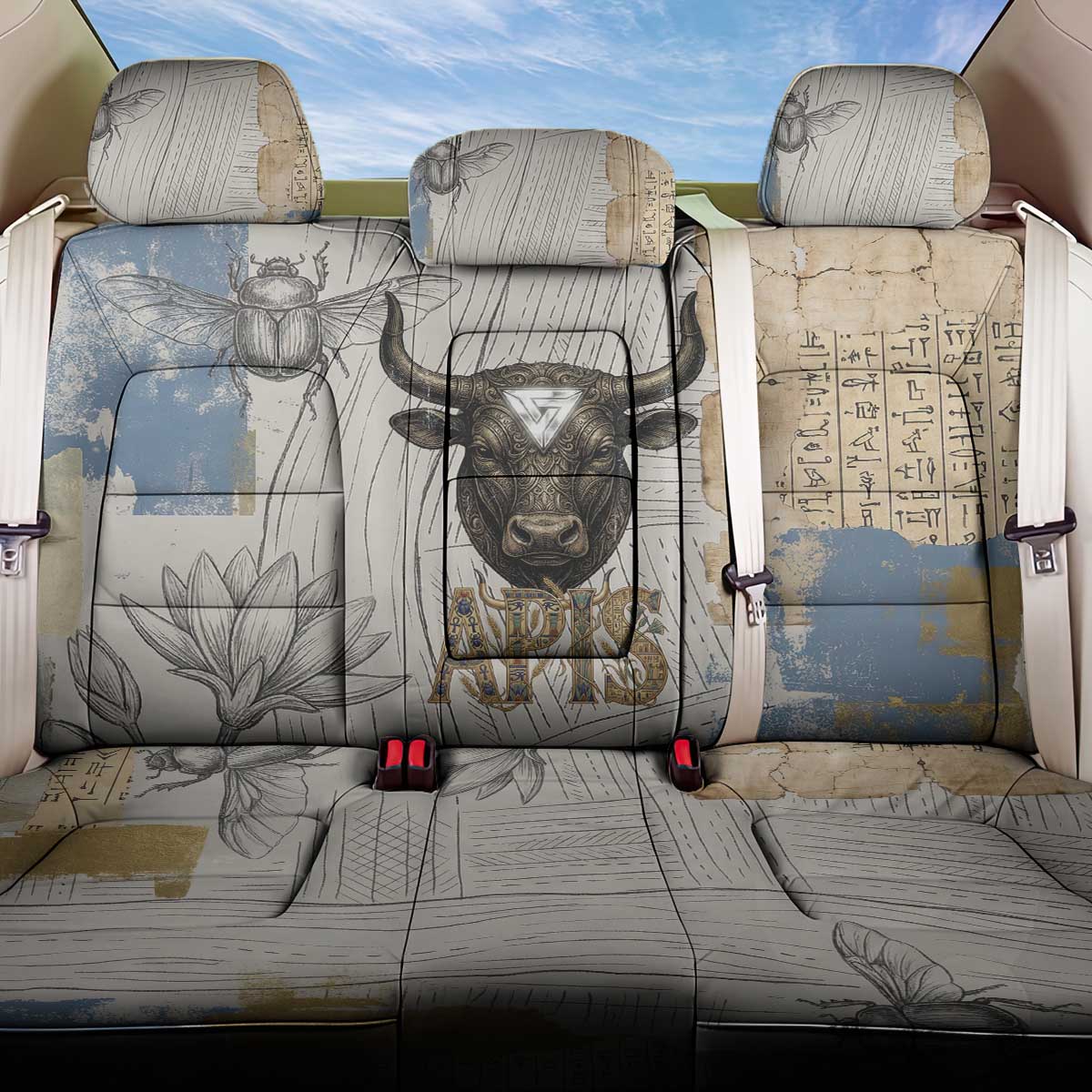 Apis Ancient Egyptian Back Car Seat Cover with Beige-Gray Hieroglyphic, Ornate Bull Head, and Gold-Blue Typography - African Pride