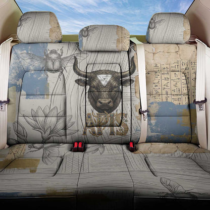 Apis Ancient Egyptian Back Car Seat Cover with Beige-Gray Hieroglyphic, Ornate Bull Head, and Gold-Blue Typography - African Pride