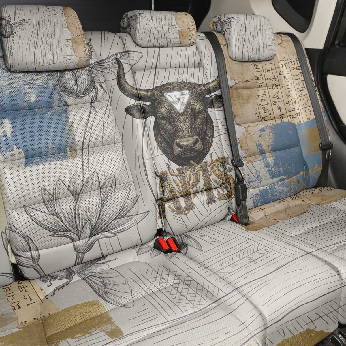 Apis Ancient Egyptian Back Car Seat Cover with Beige-Gray Hieroglyphic, Ornate Bull Head, and Gold-Blue Typography - African Pride