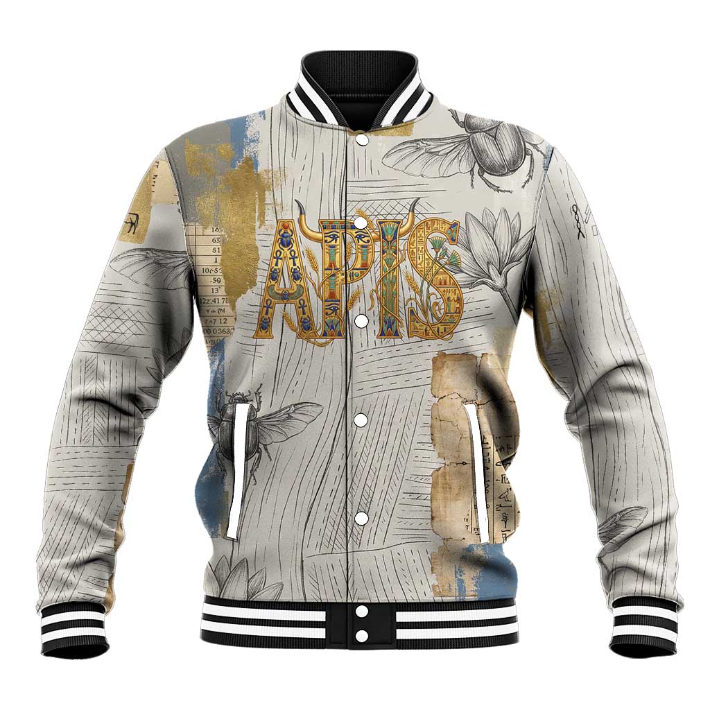 Apis Ancient Egyptian Baseball Jacket with Beige-Gray Hieroglyphic, Ornate Bull Head, and Gold-Blue Typography - African Pride
