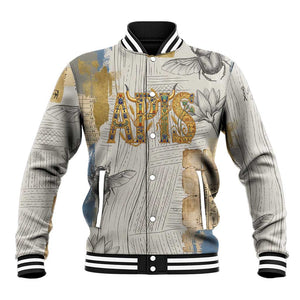 Apis Ancient Egyptian Baseball Jacket with Beige-Gray Hieroglyphic, Ornate Bull Head, and Gold-Blue Typography - African Pride