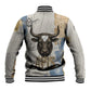 Apis Ancient Egyptian Baseball Jacket with Beige-Gray Hieroglyphic, Ornate Bull Head, and Gold-Blue Typography - African Pride