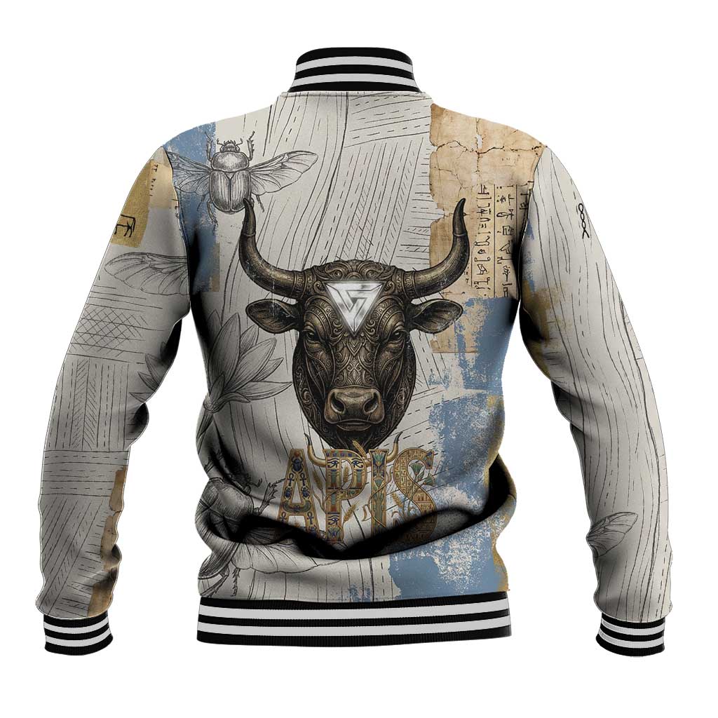 Apis Ancient Egyptian Baseball Jacket with Beige-Gray Hieroglyphic, Ornate Bull Head, and Gold-Blue Typography - African Pride