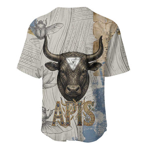 Apis Ancient Egyptian Baseball Jersey with Beige-Gray Hieroglyphic, Ornate Bull Head, and Gold-Blue Typography - African Pride