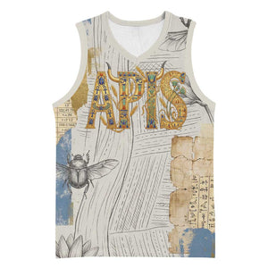 Apis Ancient Egyptian Basketball Jersey with Beige-Gray Hieroglyphic, Ornate Bull Head, and Gold-Blue Typography - African Pride