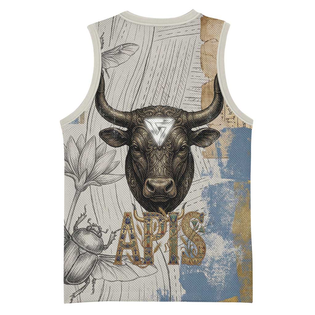 Apis Ancient Egyptian Basketball Jersey with Beige-Gray Hieroglyphic, Ornate Bull Head, and Gold-Blue Typography - African Pride