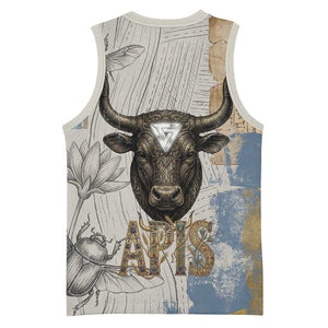 Apis Ancient Egyptian Basketball Jersey with Beige-Gray Hieroglyphic, Ornate Bull Head, and Gold-Blue Typography - African Pride