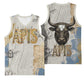 Apis Ancient Egyptian Basketball Jersey with Beige-Gray Hieroglyphic, Ornate Bull Head, and Gold-Blue Typography - African Pride