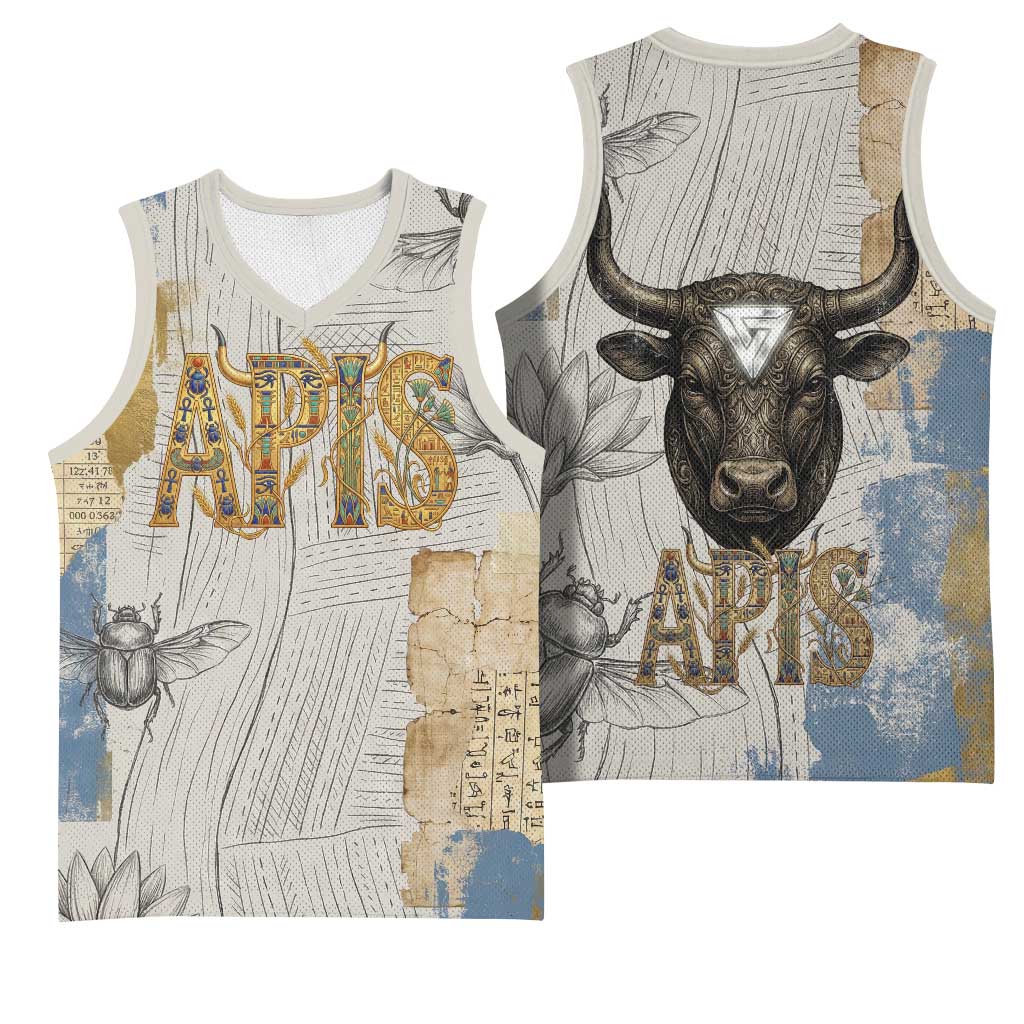 Apis Ancient Egyptian Basketball Jersey with Beige-Gray Hieroglyphic, Ornate Bull Head, and Gold-Blue Typography - African Pride