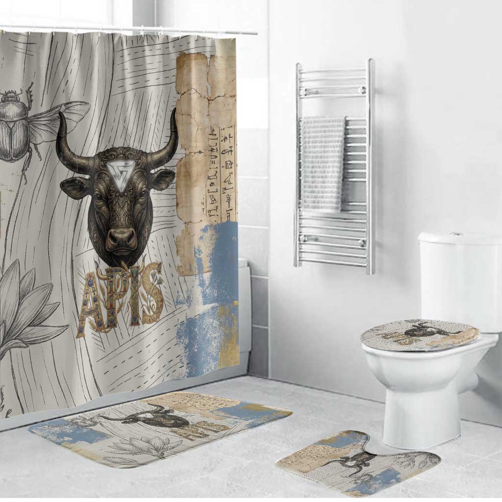 Apis Ancient Egyptian Bathroom Set with Beige-Gray Hieroglyphic, Ornate Bull Head, and Gold-Blue Typography - African Pride