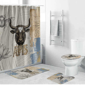 Apis Ancient Egyptian Bathroom Set with Beige-Gray Hieroglyphic, Ornate Bull Head, and Gold-Blue Typography - African Pride