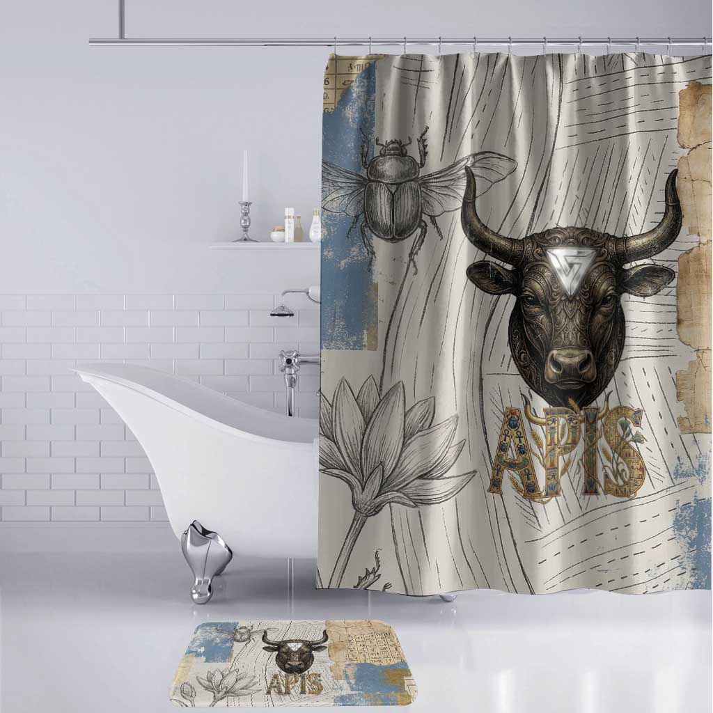 Apis Ancient Egyptian Bathroom Set with Beige-Gray Hieroglyphic, Ornate Bull Head, and Gold-Blue Typography - African Pride