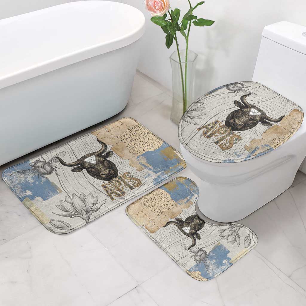 Apis Ancient Egyptian Bathroom Set with Beige-Gray Hieroglyphic, Ornate Bull Head, and Gold-Blue Typography - African Pride