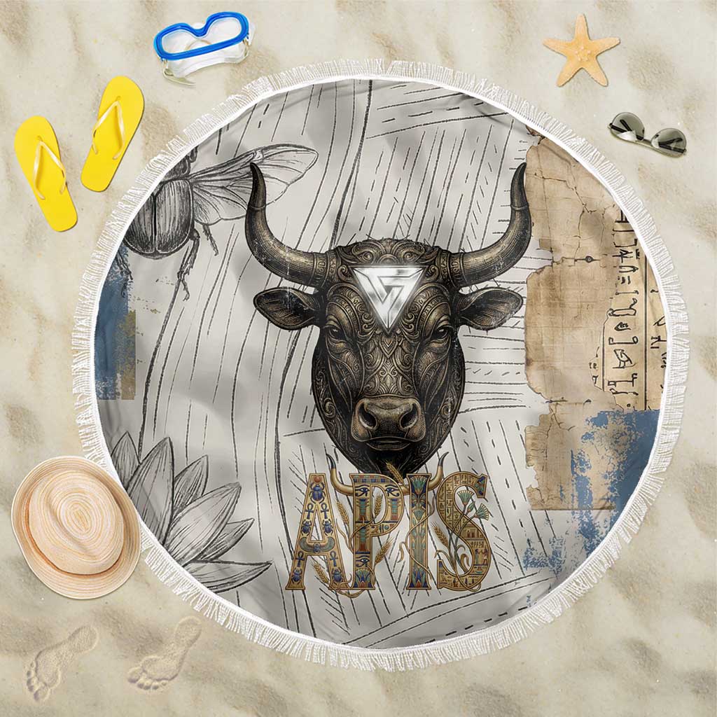 Apis Ancient Egyptian Beach Blanket with Beige-Gray Hieroglyphic, Ornate Bull Head, and Gold-Blue Typography - African Pride