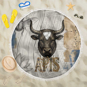 Apis Ancient Egyptian Beach Blanket with Beige-Gray Hieroglyphic, Ornate Bull Head, and Gold-Blue Typography - African Pride