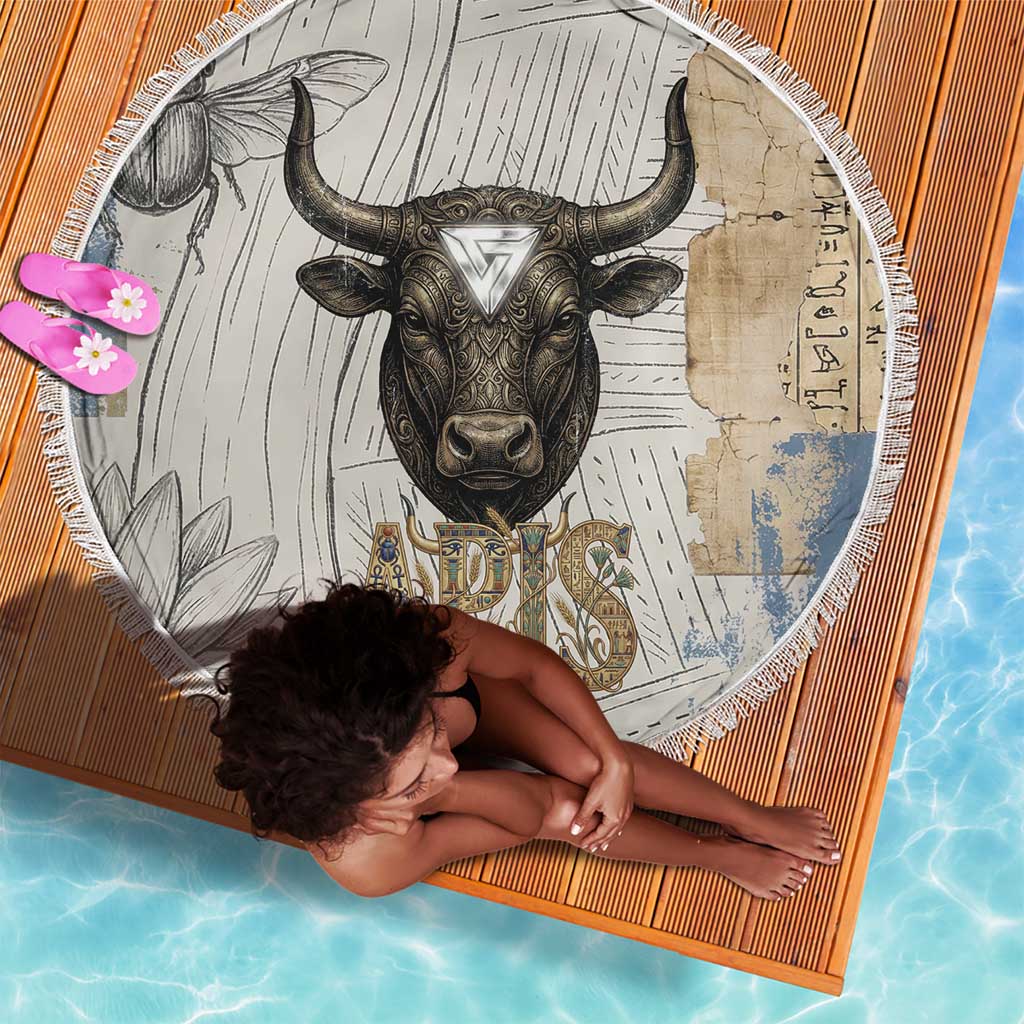 Apis Ancient Egyptian Beach Blanket with Beige-Gray Hieroglyphic, Ornate Bull Head, and Gold-Blue Typography - African Pride