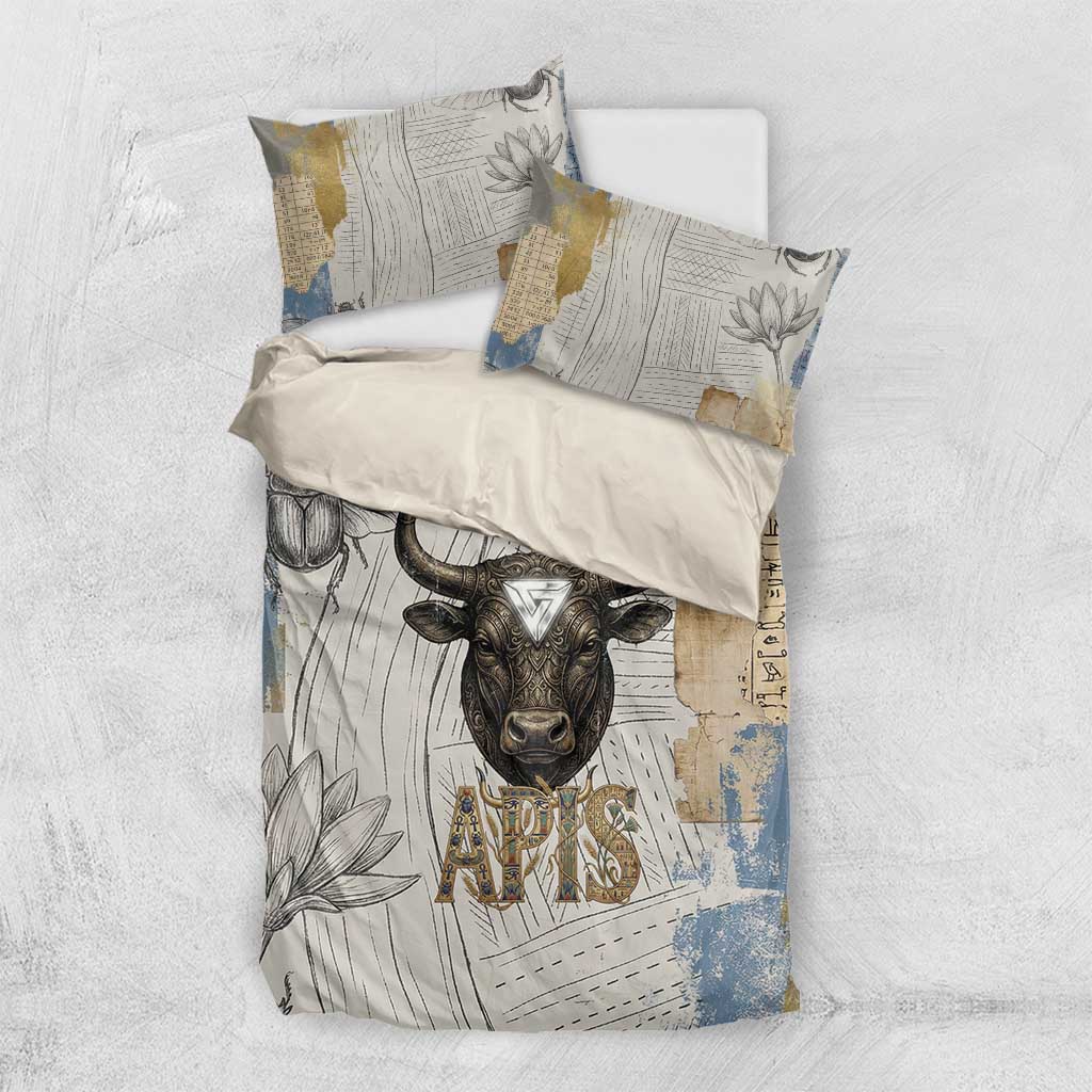 Apis Ancient Egyptian Bedding Set with Beige-Gray Hieroglyphic, Ornate Bull Head, and Gold-Blue Typography - African Pride