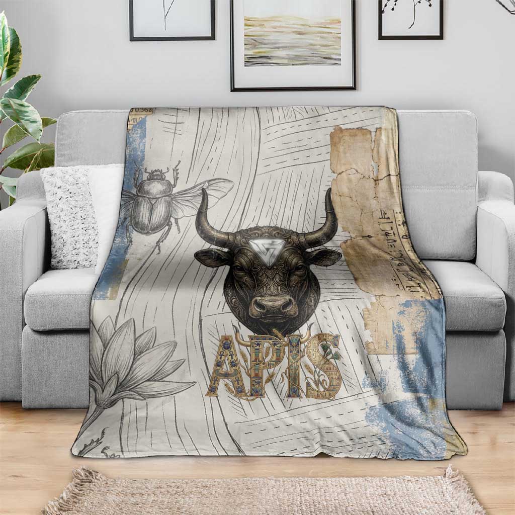 Apis Ancient Egyptian Blanket with Beige-Gray Hieroglyphic, Ornate Bull Head, and Gold-Blue Typography - African Pride