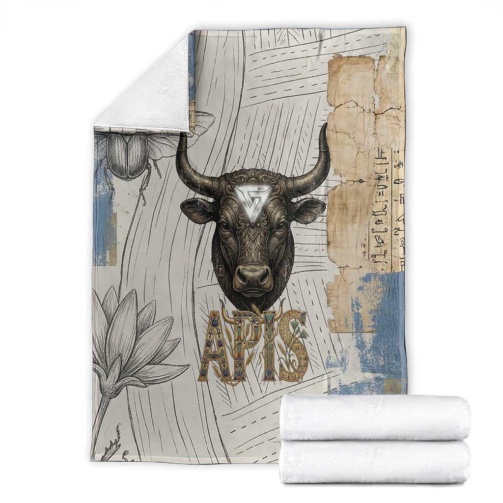 Apis Ancient Egyptian Blanket with Beige-Gray Hieroglyphic, Ornate Bull Head, and Gold-Blue Typography - African Pride