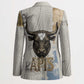 Apis Ancient Egyptian Blazer with Beige-Gray Hieroglyphic, Ornate Bull Head, and Gold-Blue Typography - African Pride