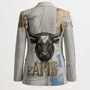 Apis Ancient Egyptian Blazer with Beige-Gray Hieroglyphic, Ornate Bull Head, and Gold-Blue Typography - African Pride