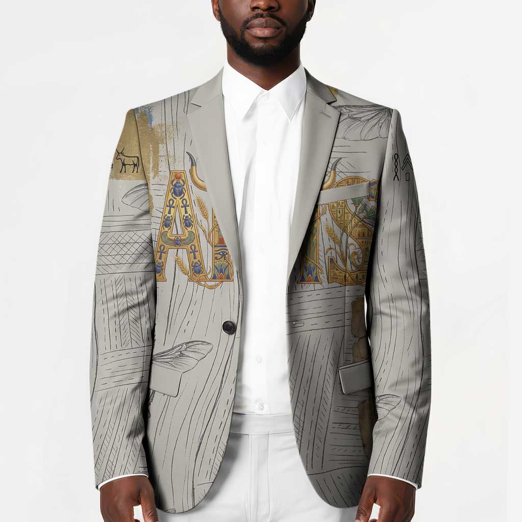 Apis Ancient Egyptian Blazer with Beige-Gray Hieroglyphic, Ornate Bull Head, and Gold-Blue Typography - African Pride