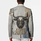 Apis Ancient Egyptian Blazer with Beige-Gray Hieroglyphic, Ornate Bull Head, and Gold-Blue Typography - African Pride