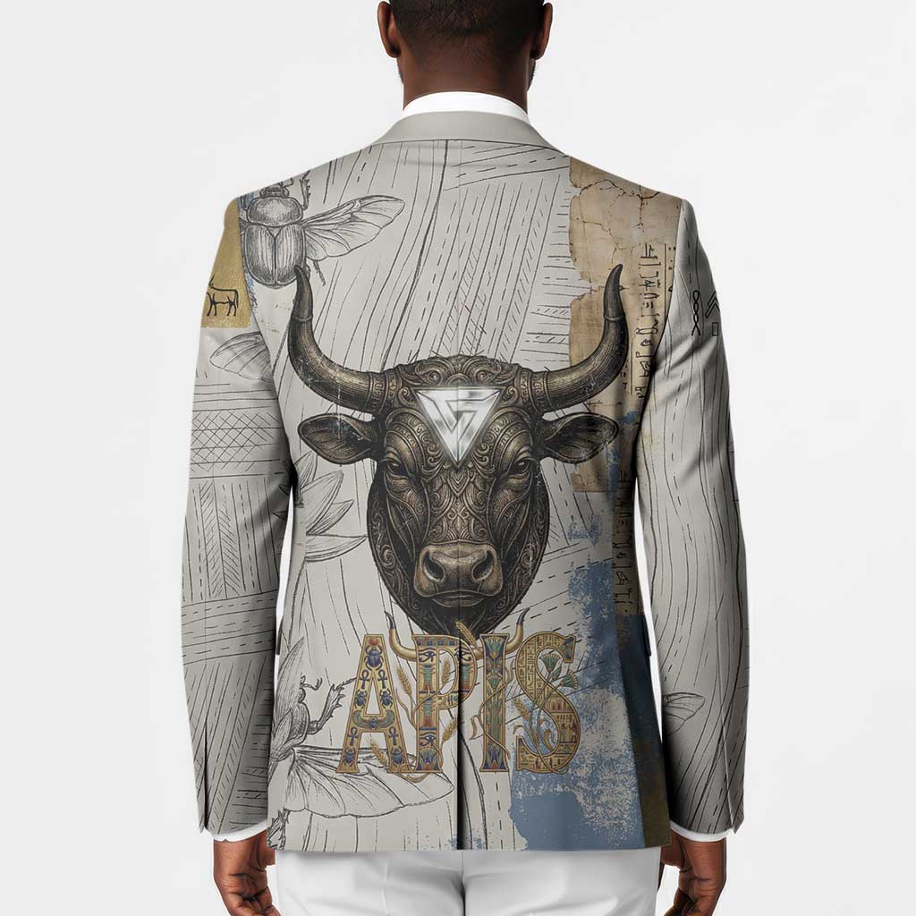 Apis Ancient Egyptian Blazer with Beige-Gray Hieroglyphic, Ornate Bull Head, and Gold-Blue Typography - African Pride