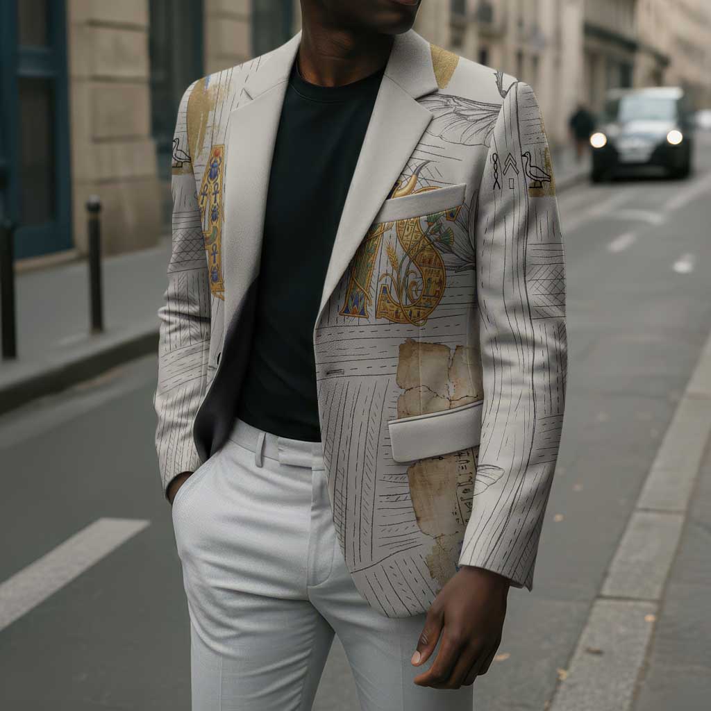 Apis Ancient Egyptian Blazer with Beige-Gray Hieroglyphic, Ornate Bull Head, and Gold-Blue Typography - African Pride