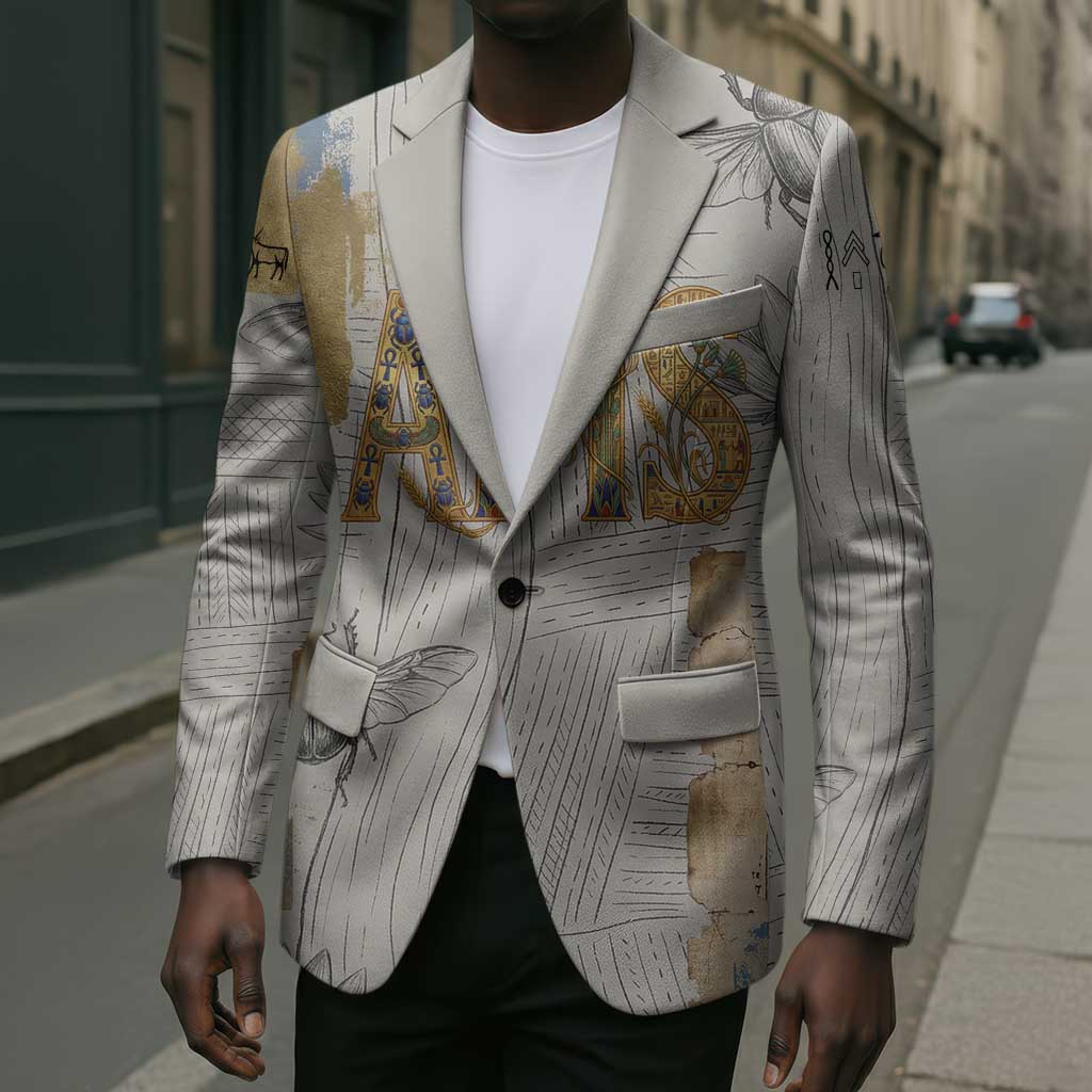 Apis Ancient Egyptian Blazer with Beige-Gray Hieroglyphic, Ornate Bull Head, and Gold-Blue Typography - African Pride