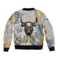 Apis Ancient Egyptian Bomber Jacket with Beige-Gray Hieroglyphic, Ornate Bull Head, and Gold-Blue Typography - African Pride