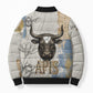 Apis Ancient Egyptian Bomber Puffer Jacket with Beige-Gray Hieroglyphic, Ornate Bull Head, and Gold-Blue Typography - African Pride