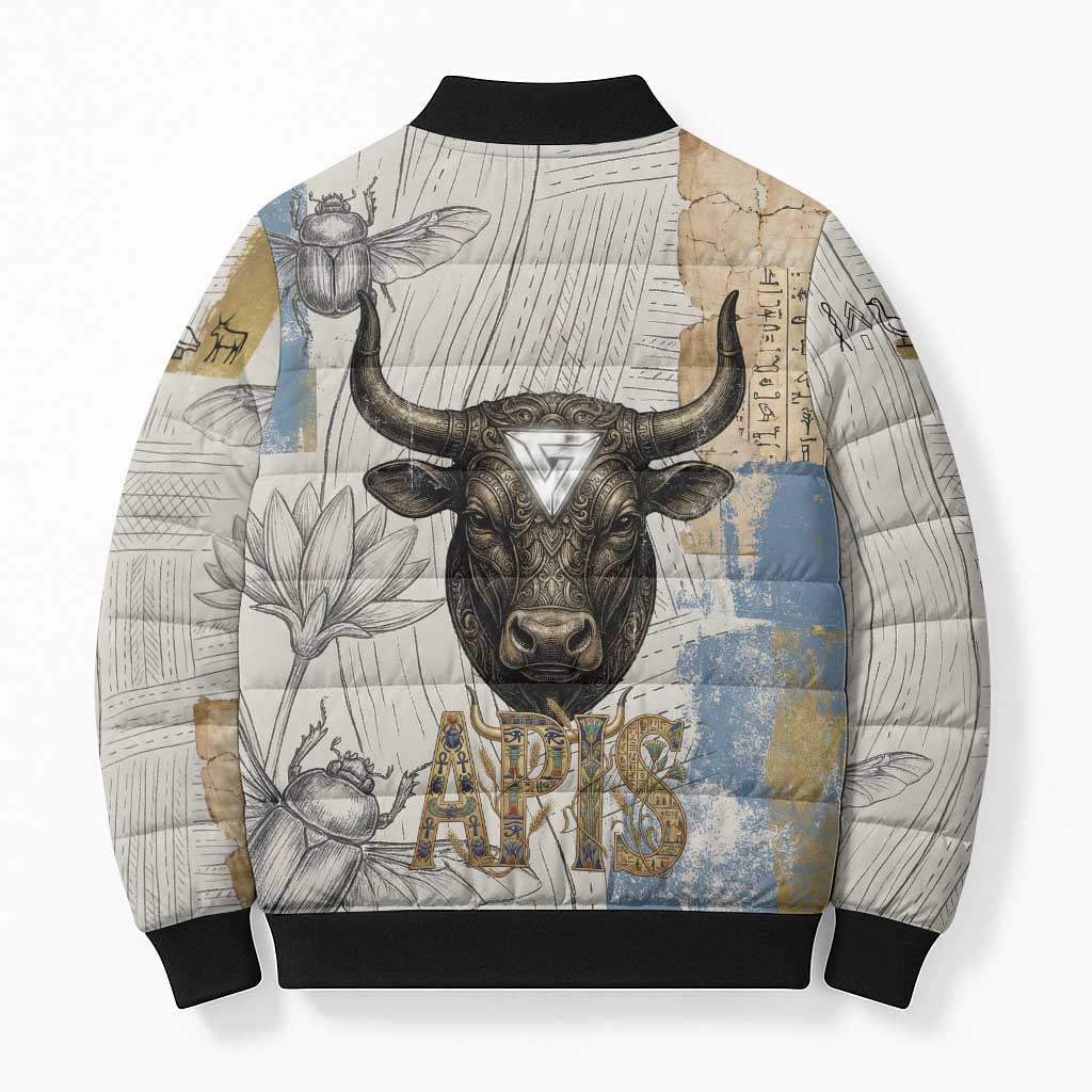 Apis Ancient Egyptian Bomber Puffer Jacket with Beige-Gray Hieroglyphic, Ornate Bull Head, and Gold-Blue Typography - African Pride