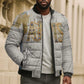 Apis Ancient Egyptian Bomber Puffer Jacket with Beige-Gray Hieroglyphic, Ornate Bull Head, and Gold-Blue Typography - African Pride