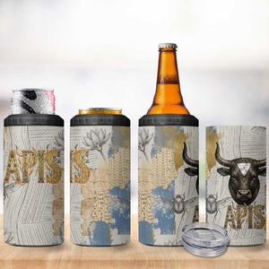 Apis Ancient Egyptian 4 in 1 Can Cooler Tumbler with Beige-Gray Hieroglyphic, Ornate Bull Head, and Gold-Blue Typography - African Pride