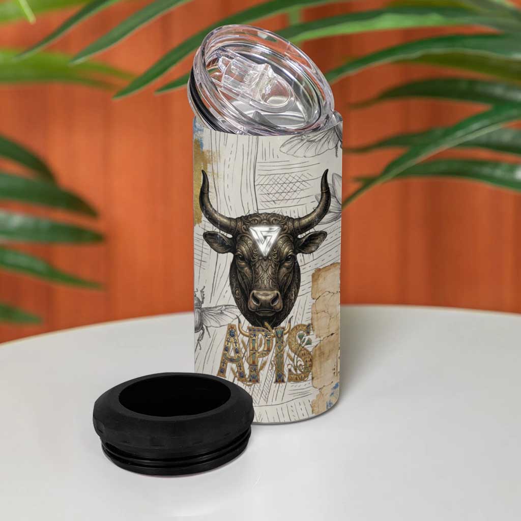 Apis Ancient Egyptian 4 in 1 Can Cooler Tumbler with Beige-Gray Hieroglyphic, Ornate Bull Head, and Gold-Blue Typography - African Pride