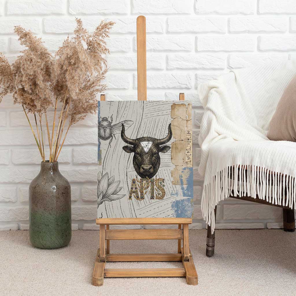 Apis Ancient Egyptian Canvas Wall Art with Beige-Gray Hieroglyphic, Ornate Bull Head, and Gold-Blue Typography - African Pride
