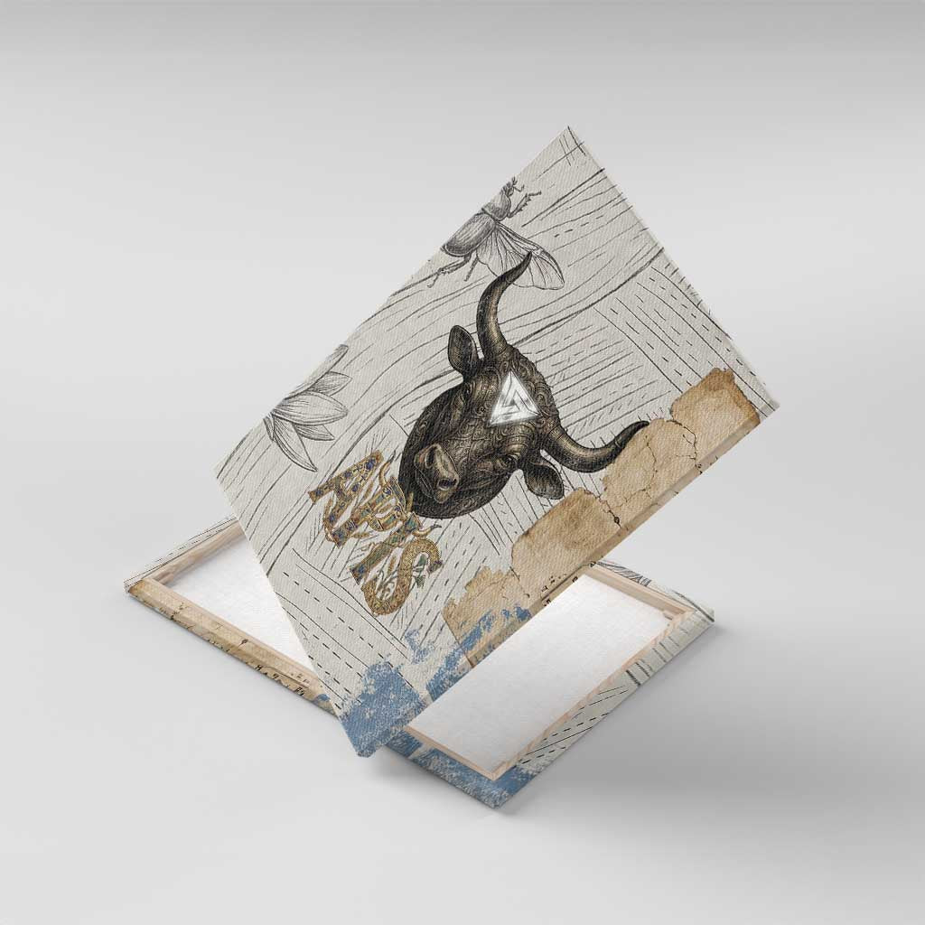 Apis Ancient Egyptian Canvas Wall Art with Beige-Gray Hieroglyphic, Ornate Bull Head, and Gold-Blue Typography - African Pride