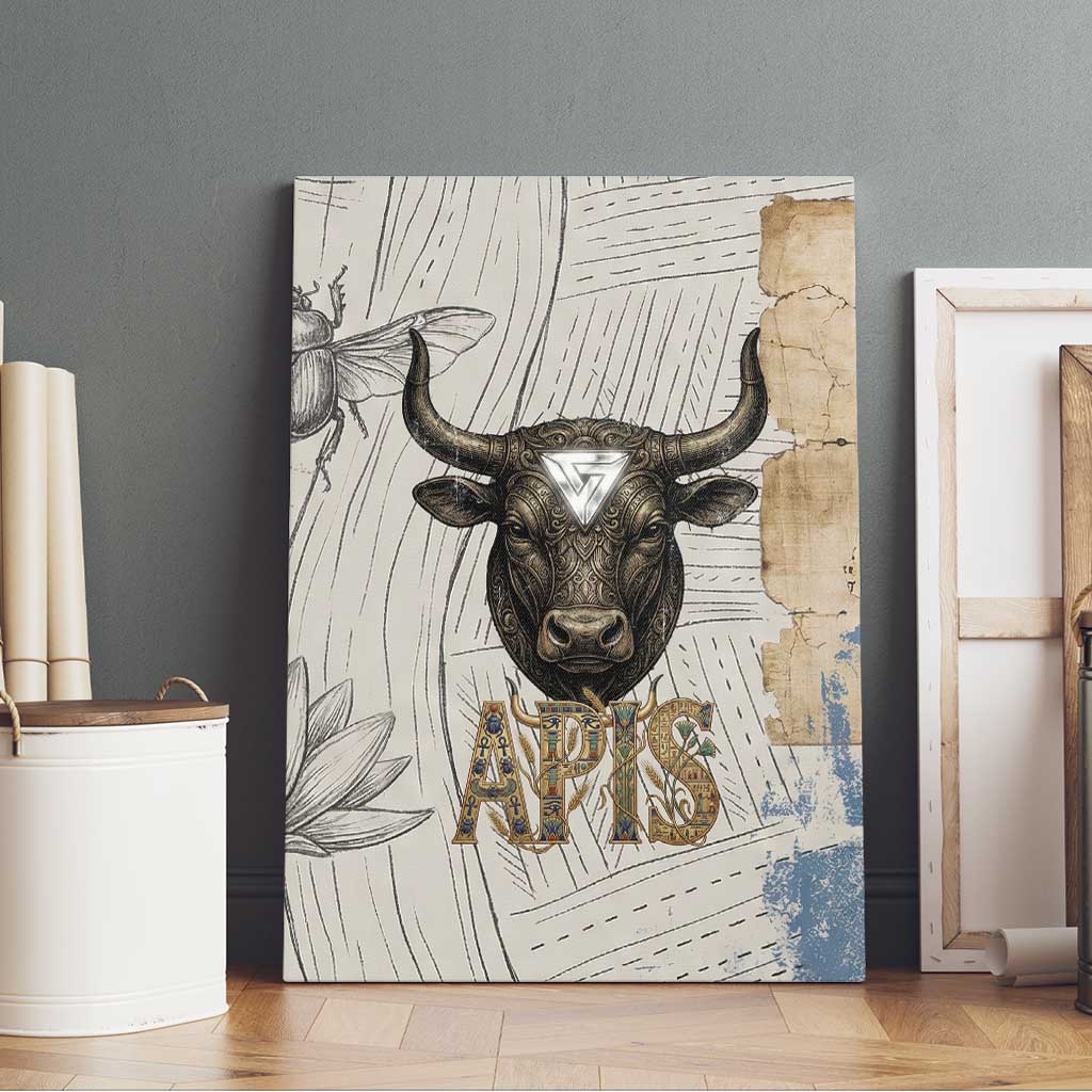 Apis Ancient Egyptian Canvas Wall Art with Beige-Gray Hieroglyphic, Ornate Bull Head, and Gold-Blue Typography - African Pride