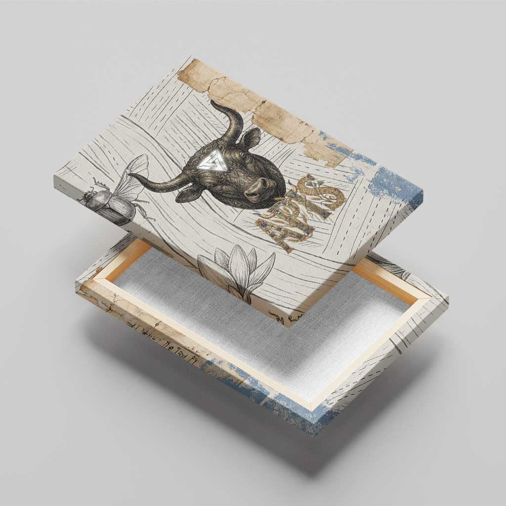 Apis Ancient Egyptian Canvas Wall Art with Beige-Gray Hieroglyphic, Ornate Bull Head, and Gold-Blue Typography - African Pride