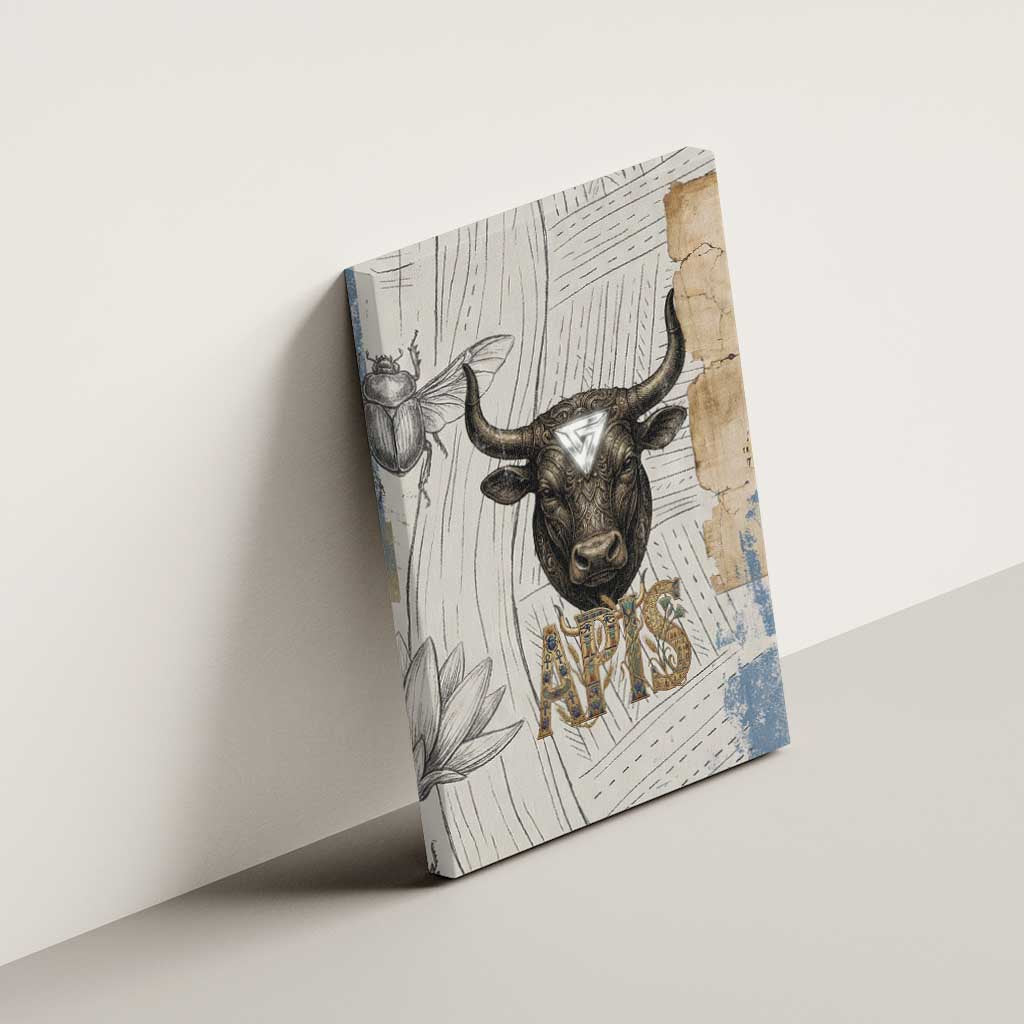 Apis Ancient Egyptian Canvas Wall Art with Beige-Gray Hieroglyphic, Ornate Bull Head, and Gold-Blue Typography - African Pride
