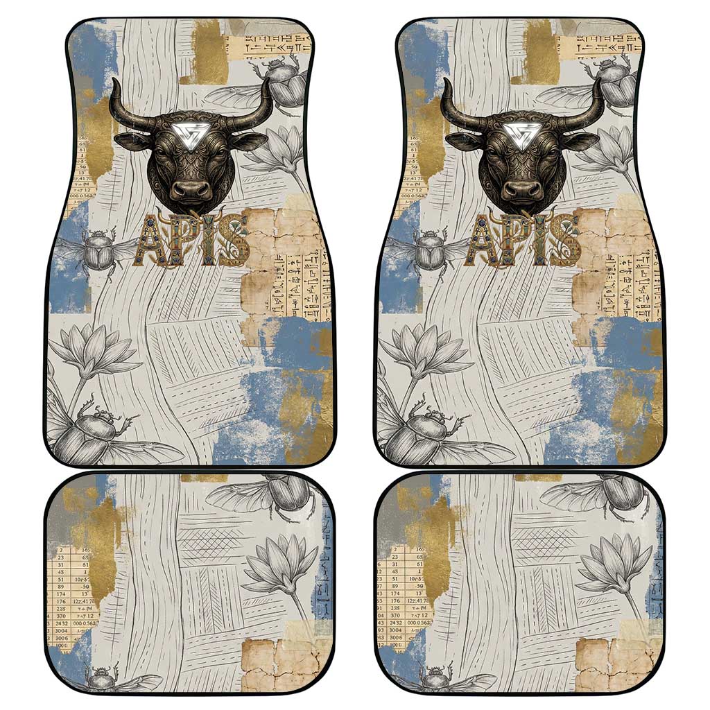 Apis Ancient Egyptian Car Mats with Beige-Gray Hieroglyphic, Ornate Bull Head, and Gold-Blue Typography - African Pride