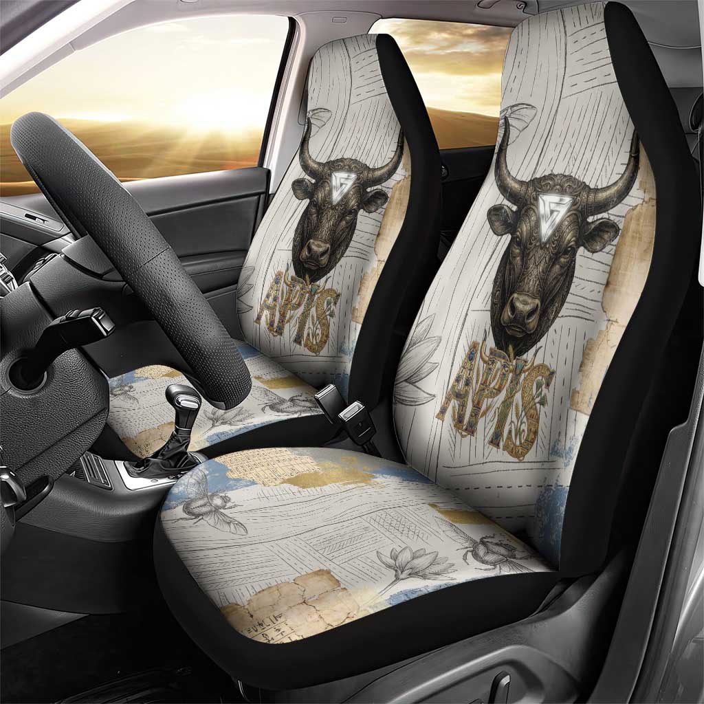 Apis Ancient Egyptian Car Seat Cover with Beige-Gray Hieroglyphic, Ornate Bull Head, and Gold-Blue Typography - African Pride