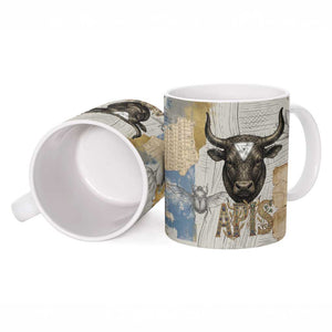 Apis Ancient Egyptian Ceramic Mug with Beige-Gray Hieroglyphic, Ornate Bull Head, and Gold-Blue Typography - African Pride