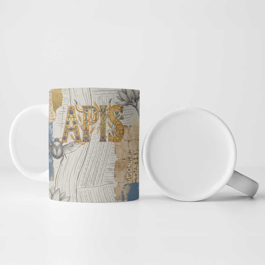 Apis Ancient Egyptian Ceramic Mug with Beige-Gray Hieroglyphic, Ornate Bull Head, and Gold-Blue Typography - African Pride