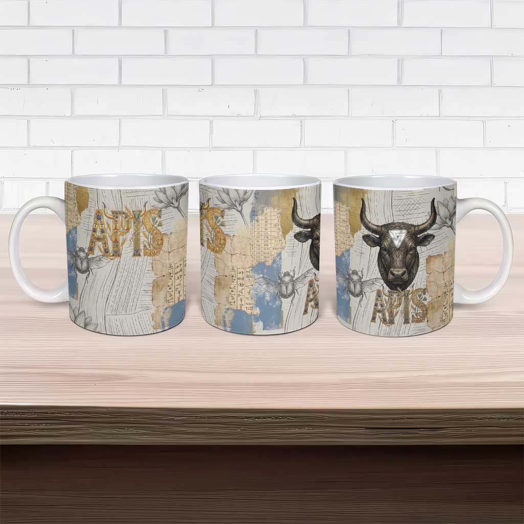 Apis Ancient Egyptian Ceramic Mug with Beige-Gray Hieroglyphic, Ornate Bull Head, and Gold-Blue Typography - African Pride