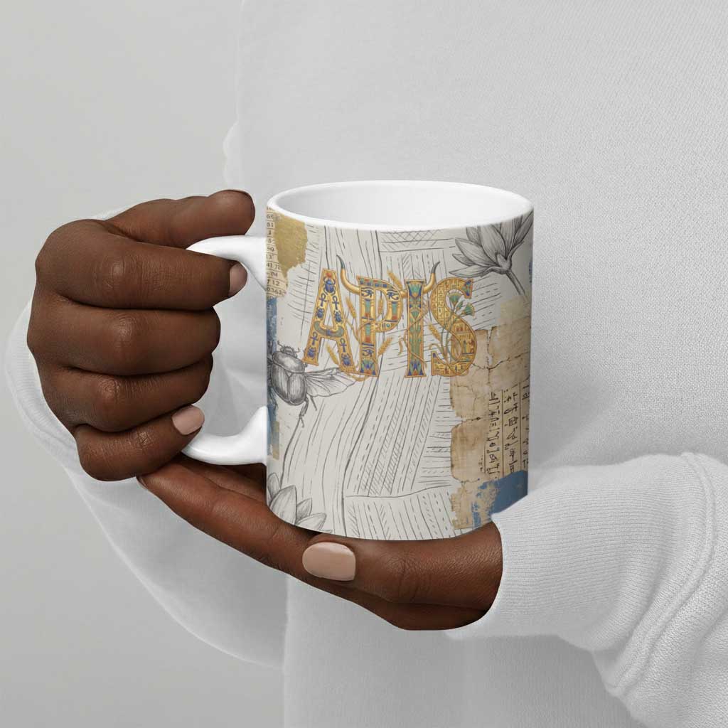 Apis Ancient Egyptian Ceramic Mug with Beige-Gray Hieroglyphic, Ornate Bull Head, and Gold-Blue Typography - African Pride